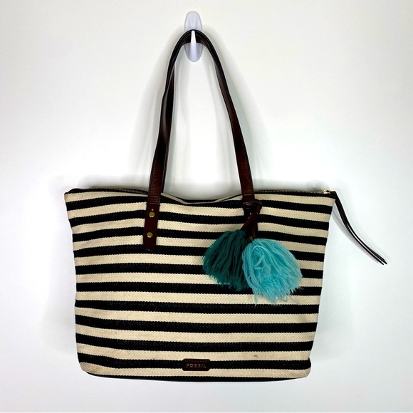 Fossil Jenna Black & White Striped Fabric Shoulder Bag + Leather Straps + Pompom - Picture 1 of 15